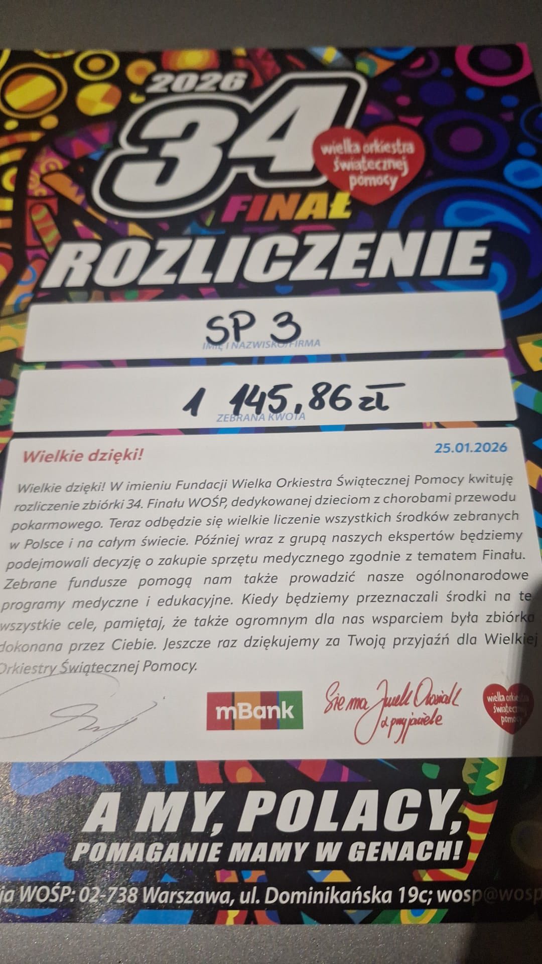Szkolne działania WOŚP – dziękujemy!